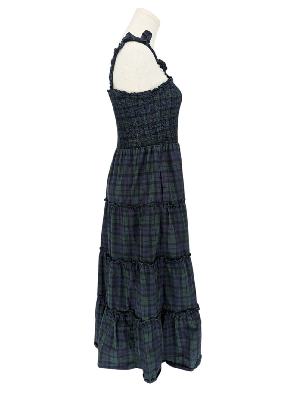 J.Crew Black Watch Tartan Tiered Sleeveless Midi Dress | Size XS | Green Navy - Picture 6 of 10